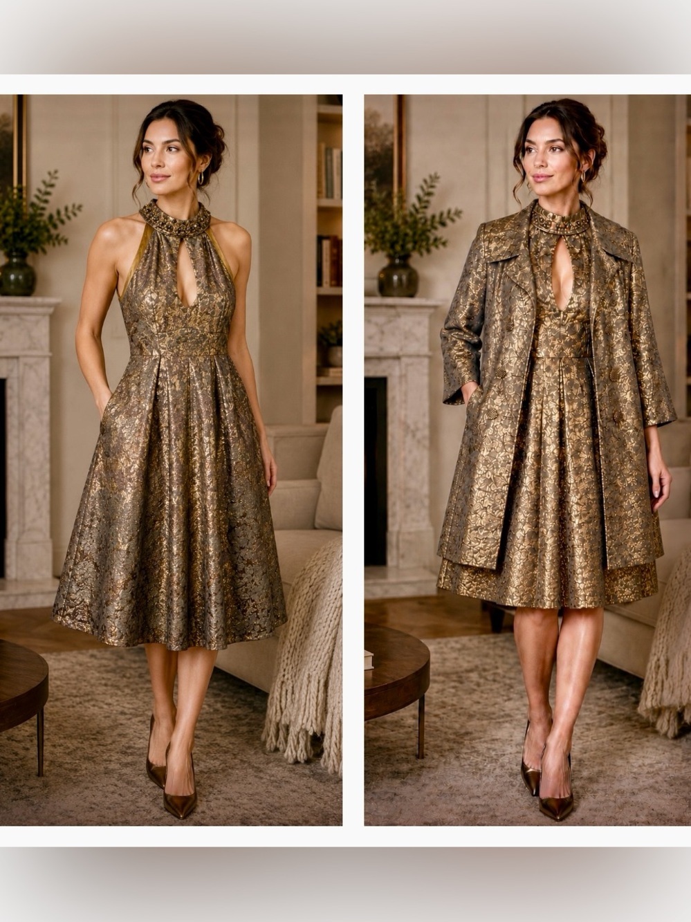 Nanette Lepore Metallic Gold & Bronze Brocade Fit-& Flare Dress Matching Coat 2